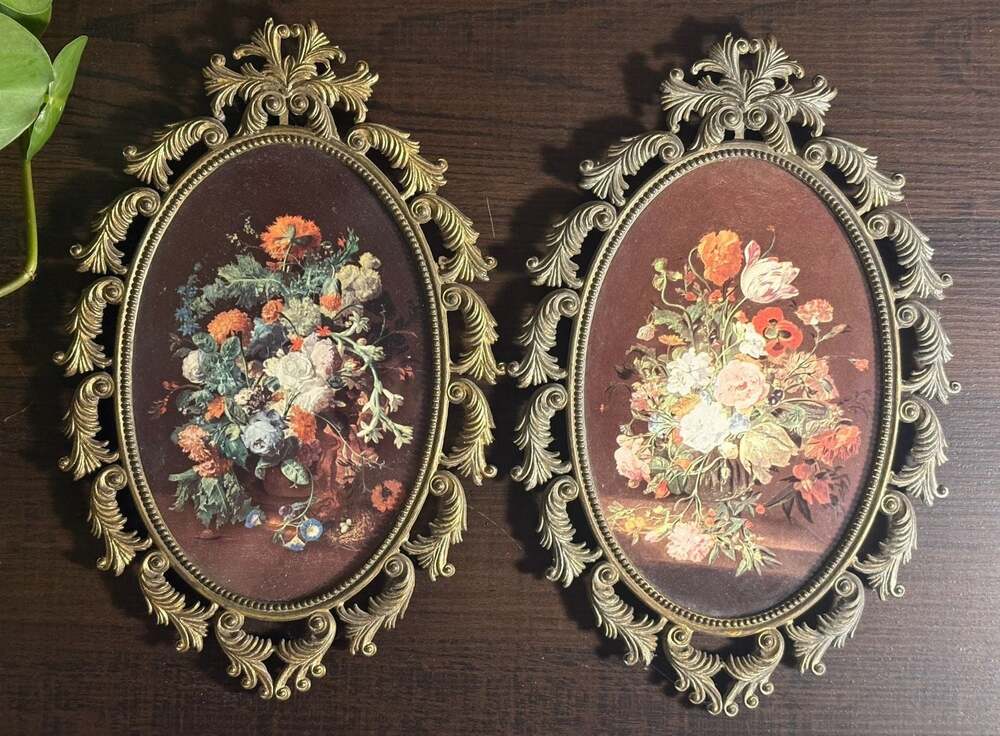 Set of 2 Vintage Ornate Italian Oval Brass Floral Wall Art Frames